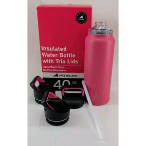 POWCAN 40 oz Insulated Water Bottle with Trio Lids Stainless Steel Leakproof New